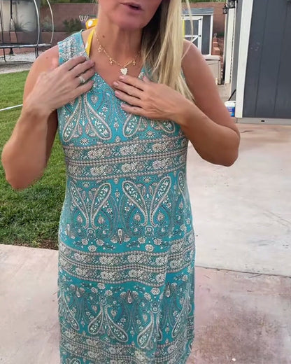 Ärmelloses Kleid mit V-Ausschnitt und Cashew-Blumen-Schlitz