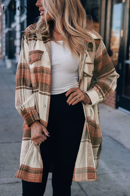 Brown Plaid Print Flap Pockets Long Shacket All In Stock Category Shacket clothes DL Exclusive DL Out West Fall To Winter Hot picks jacket Jackets & Coats Occasion Daily Print Plaid Season Winter Style Casual