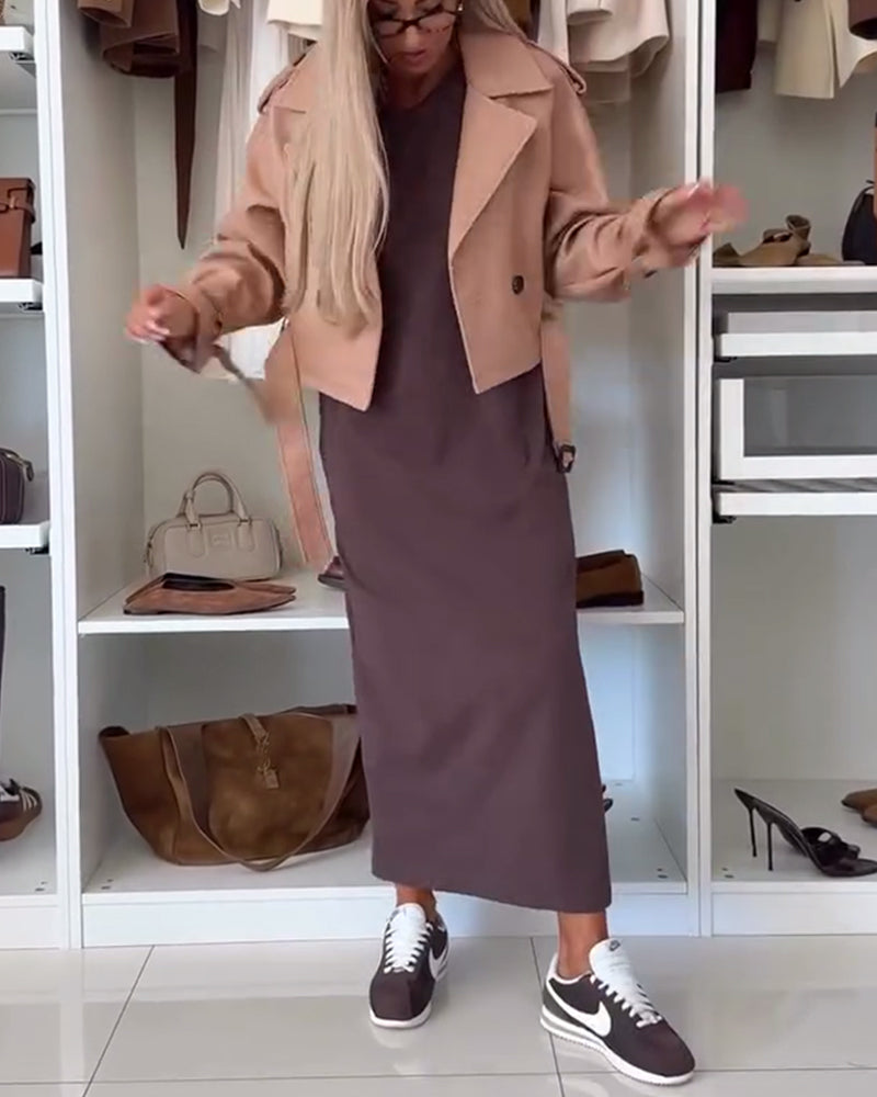 Solid Round Neck Slit Tunic Dress