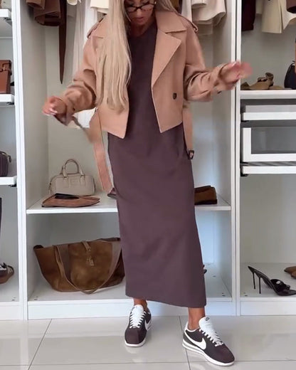 Solid Round Neck Slit Tunic Dress