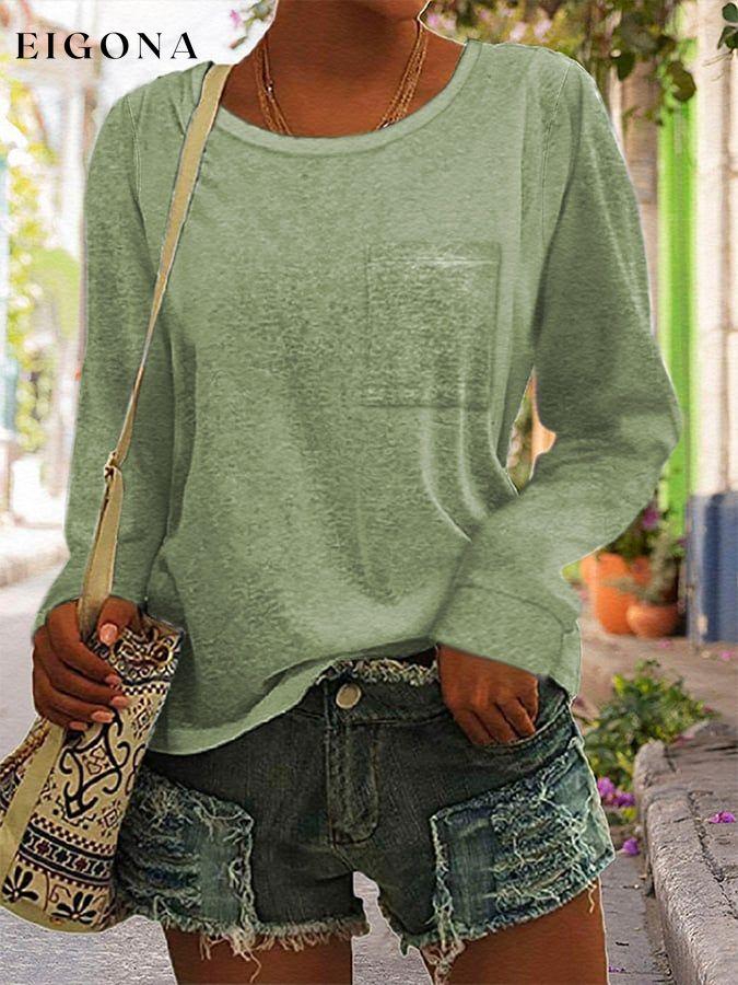 Round Neck Pocket Slit Long Sleeve Casual Loose Top T-Shirt funny top tops