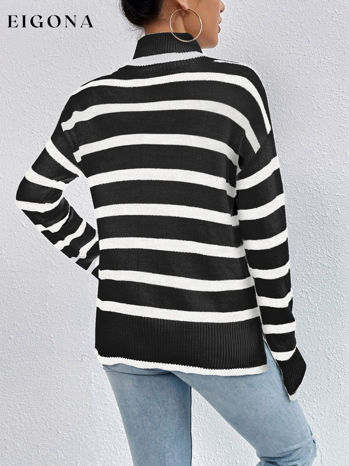 Striped Turtleneck Drop Shoulder Sweater clothes long sleeve shirt Ship From Overseas striped sweater sweater Yh