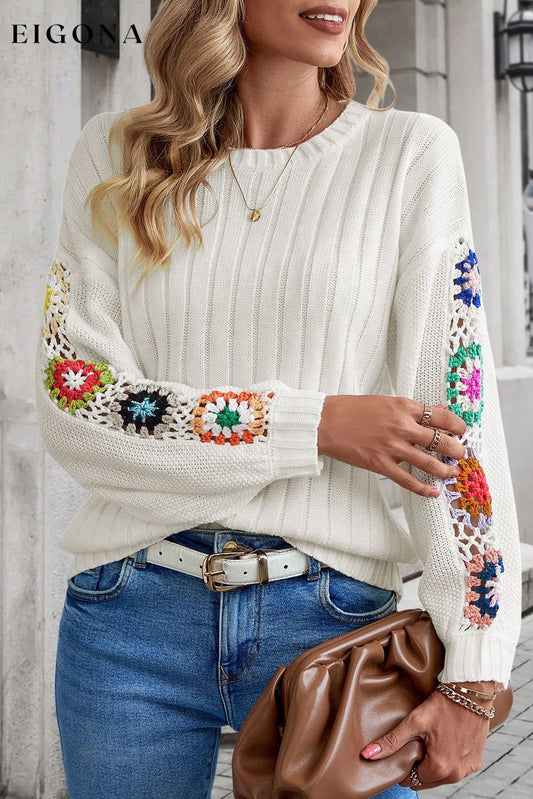 White Floral Crochet Sleeve Ribbed Knit Sweater White 55%Acrylic+45%Cotton All In Stock clothes Craft Crochet Fabric Ribbed Occasion Daily Print Floral Print Solid Color Print Vintage Floral Season Fall & Autumn Style Southern Belle Sweater sweaters Sweatshirt