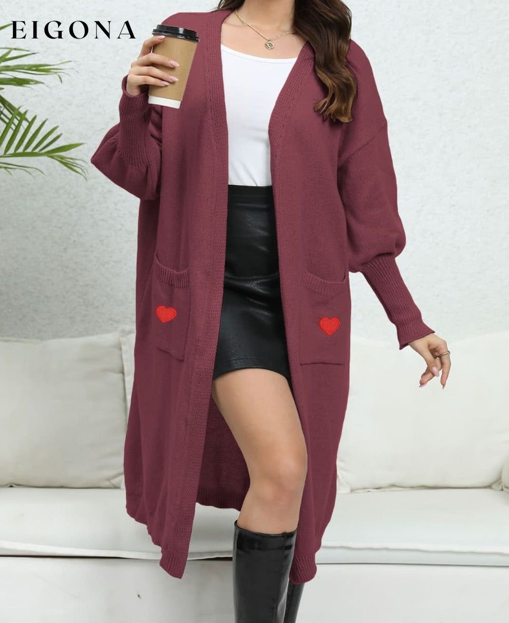 Lantern Sleeve Open Front Pocketed Cardigan with hearts Wine One Size cardigan cardigans clothes O & Y.M Ship From Overseas Sweater sweaters trend