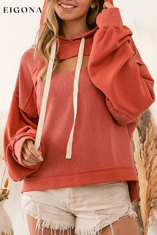 Orange Cut out Bust High Low Ribbed Hoodie Orange 100%Polyester Best Sellers clothes Color Red Detail Cut Out Fabric Ribbed Occasion Daily Print Solid Color Season Fall & Autumn Style Southern Belle sweater sweaters
