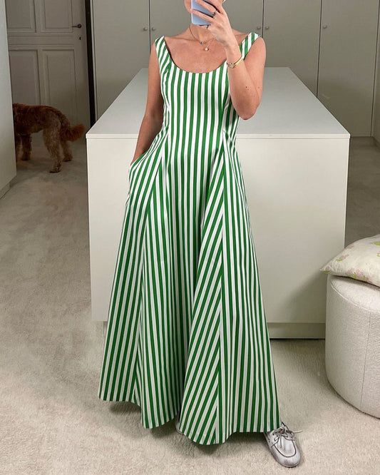 Casual vertical stripe printed sleeveless pocket dress 202466 casual dresses summer