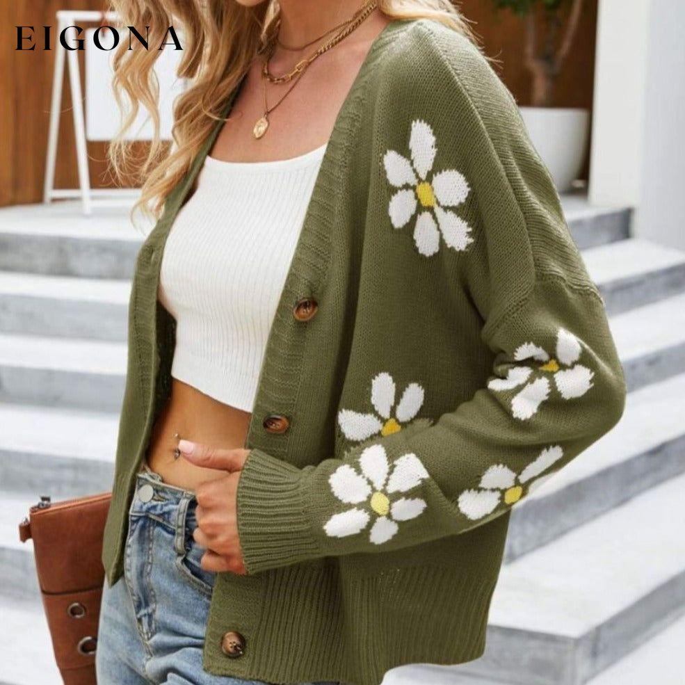 Floral Ribbed Trim Drop Shoulder Cardigan cardigan cardigans clothes Ship From Overseas sweater sweaters Yh