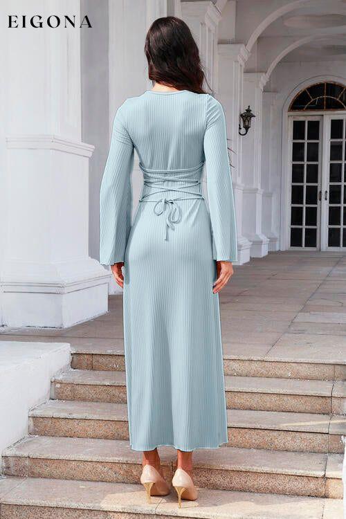 Tie Back Ribbed Round Neck Long Sleeve Dress casual dresses clothes dresses long sleeve dress long sleeve dresses maxi dress Ship From Overseas Y&M