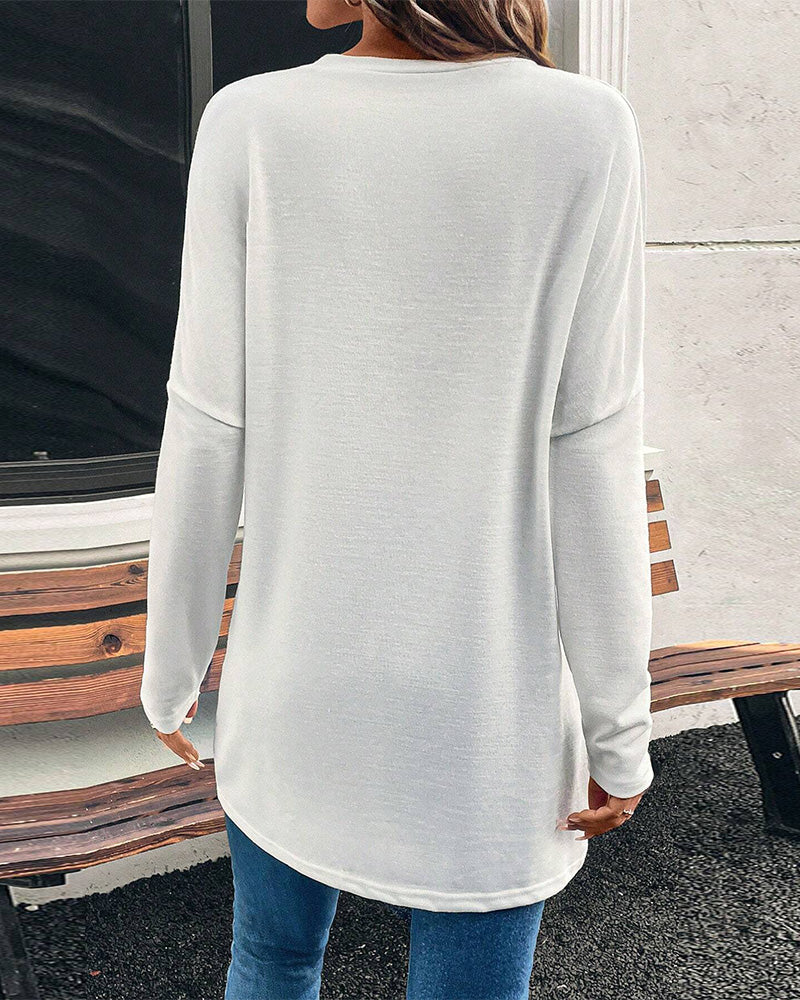 Round neck solid color pocket casual long sleeve top 2024 f/w blouses & shirts