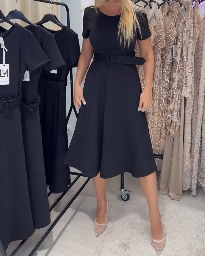 Round Neck Short Sleeve Waist-Defined A-Line Dress