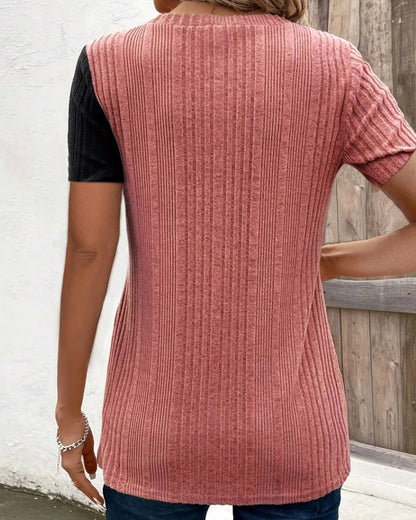 Round Neck Contrast Knitted Short-Sleeved T-Shirt