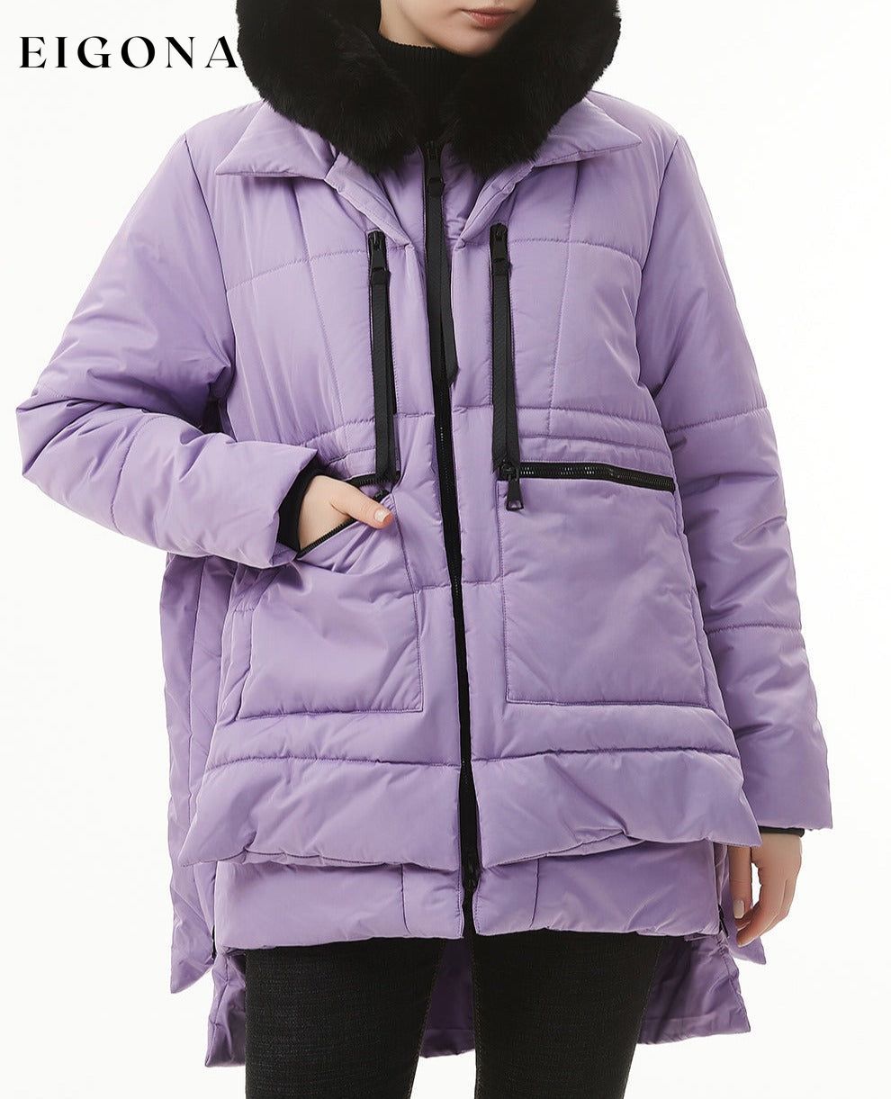 Wisteria Plush Linen Zip Up Hooded Puffer Coat clothes Color Purple Fabric Fleece Jackets & Coats Print Solid Color Season Winter Style Casual