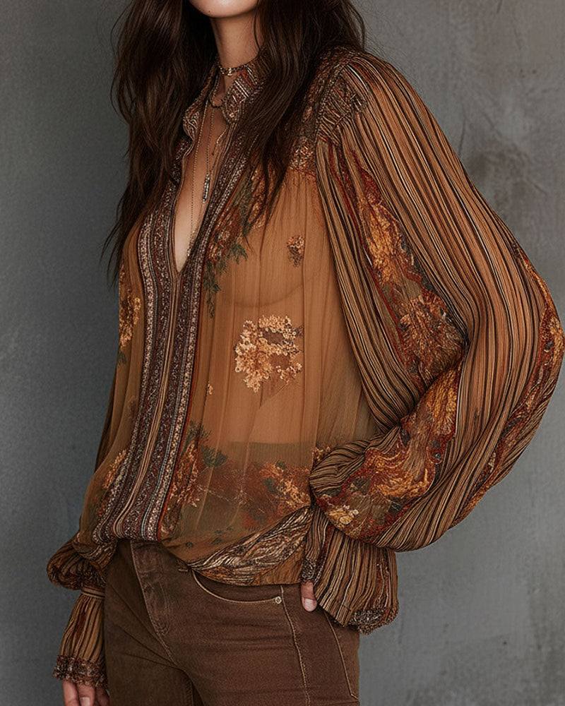 V-Neck Bohemian Style Floral Blouse