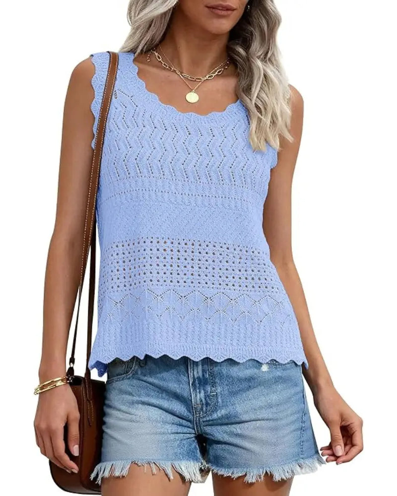 Hollow-Out Wavy Edge Sleeveless Tank Top