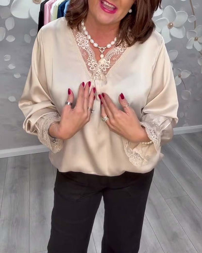 Fashion Lace V-Neck Long Sleeve Satin Blouse
