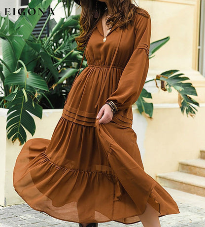 Tie Neck Long Sleeve Midi Tiered Dress Ochre clothes H.R.Z Ship From Overseas