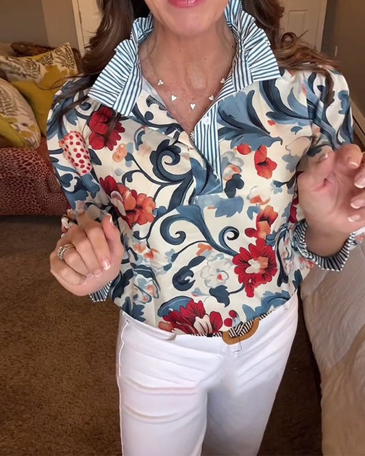 Bluse mit Puffärmeln und Blumenstreifen