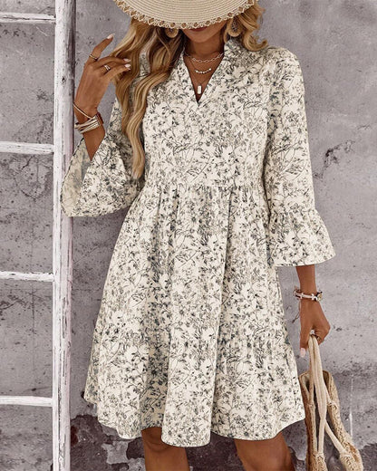 Stand-Collar Floral Print A-Line Dress