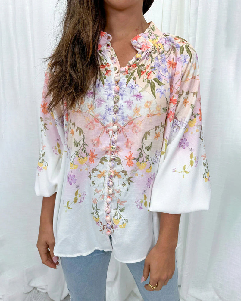 Floral print lantern sleeve button blouse 202466 blouses & shirts spring summer