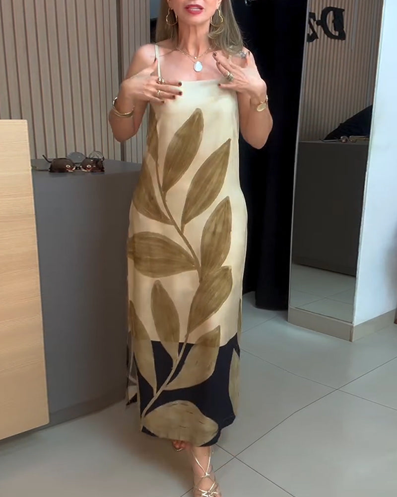 Spaghetti Strap Leaf Print Vacation Dress