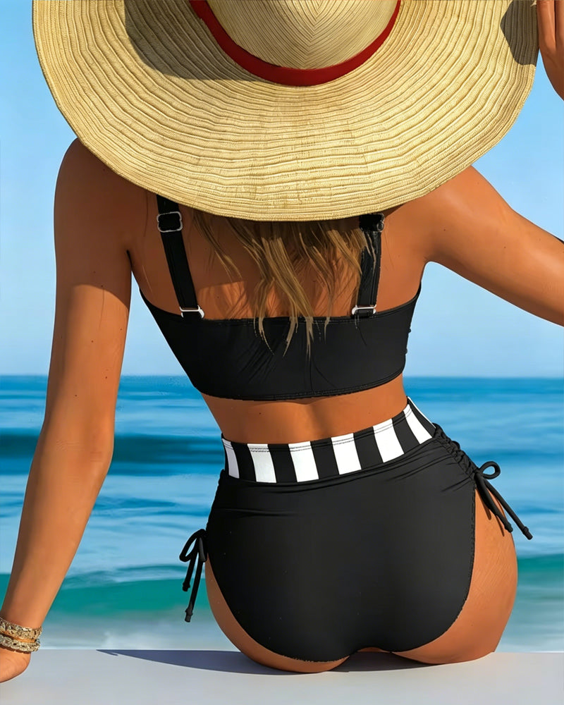 Striped Cross Bust High Waist Bikini