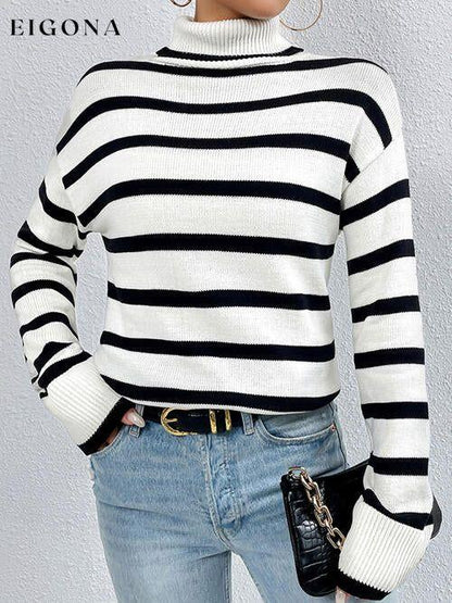 Striped Turtleneck Long Sleeve Sweater White clothes Ship From Overseas X.X.W