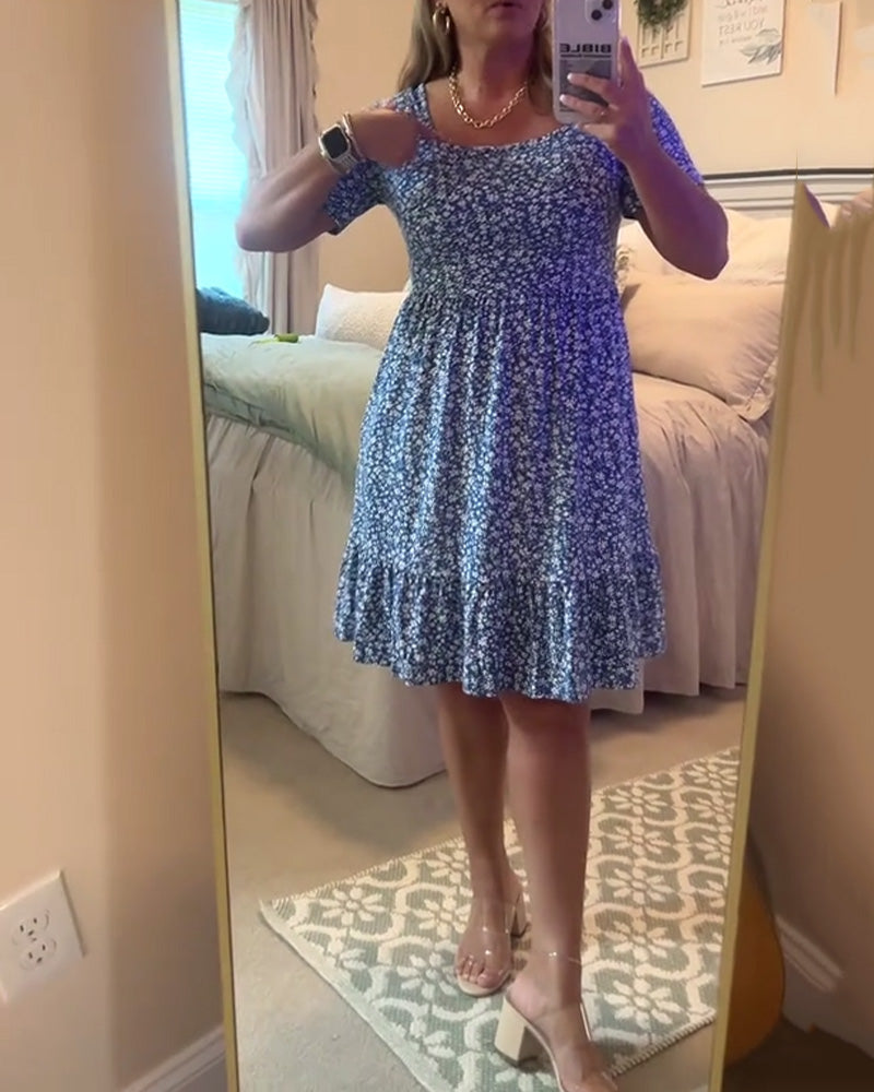 Blumenkleid mit quadratischem Ausschnitt und Taille