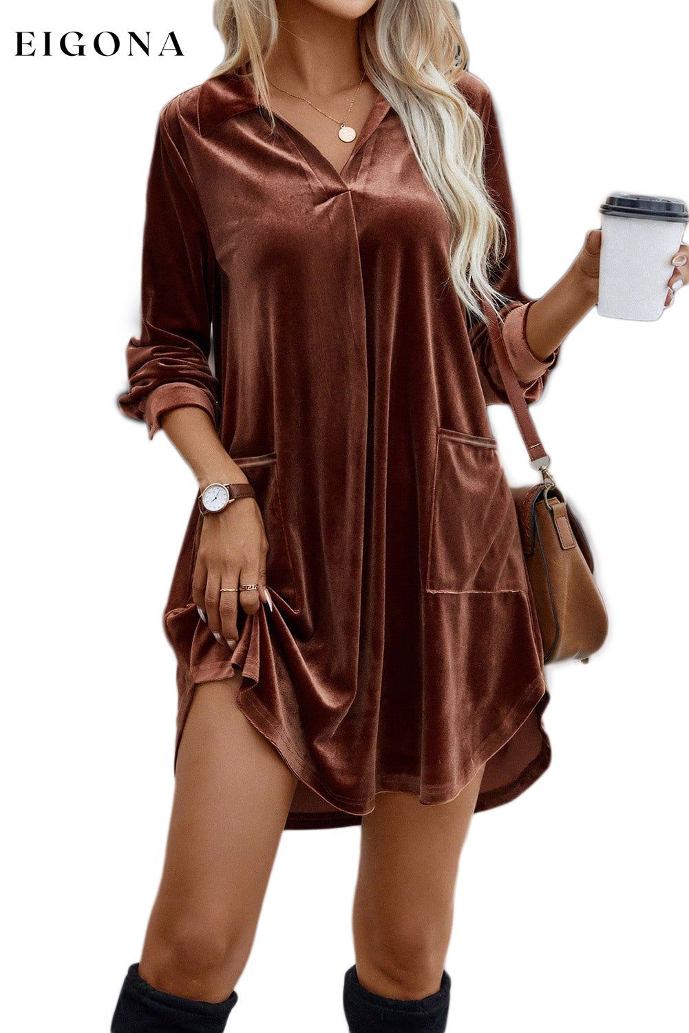 Coffee Collared V Neck Two Pockets Shift Velvet Dress casual dresses clothes dress dresses long sleeve dress long sleeve dresses short dress short dresses