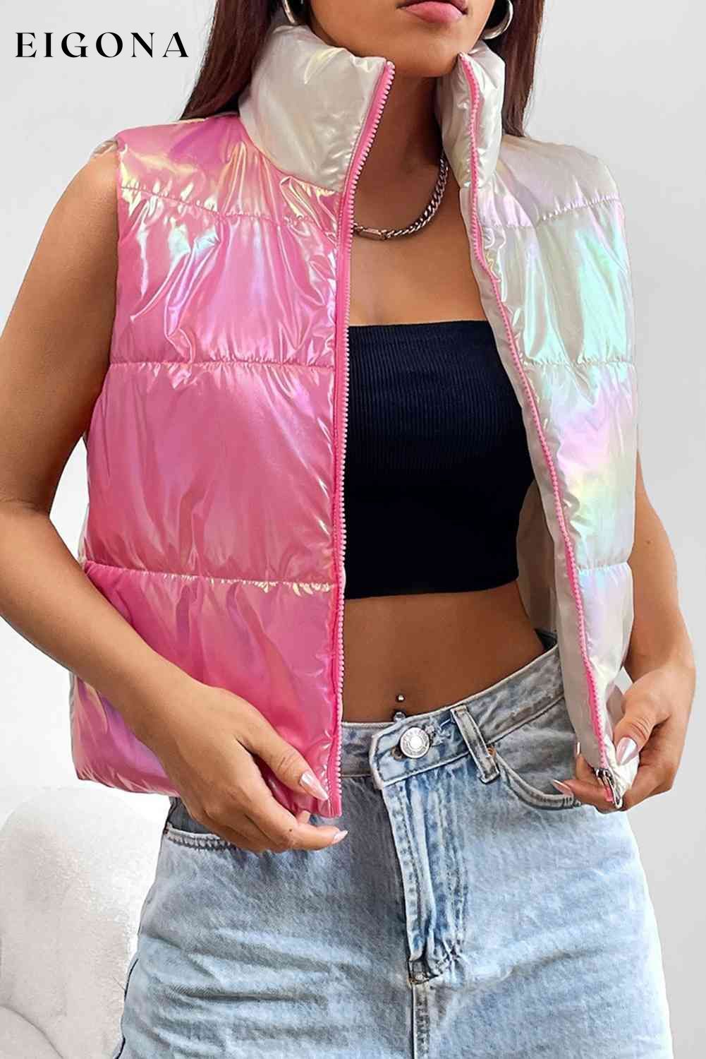 Turtleneck Color Block Pink Chrome Sleeveless Vest Hot Pink clothes Jacket Coat Jackets & Coats M@Y Ship From Overseas vest vests