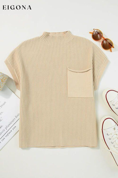 Ribbed Mock Neck Short Sleeve Knit Top clothes Ship From Overseas SYNZ