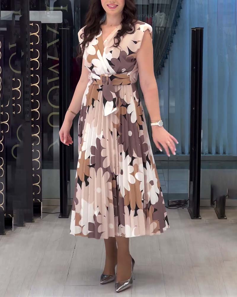 Elegant floral print V-neck pleated sleeveless dress