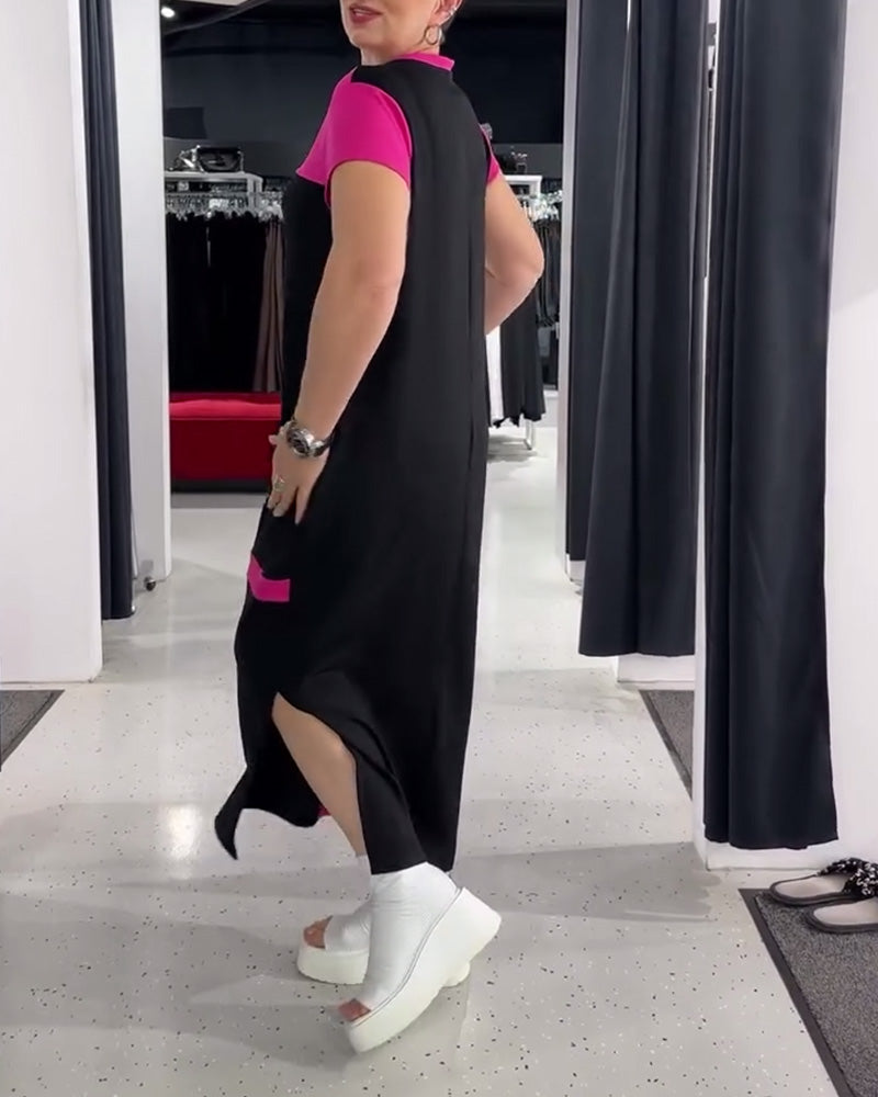 Lässiges Kleid in Kontrastfarbe mit Rundhalsausschnitt