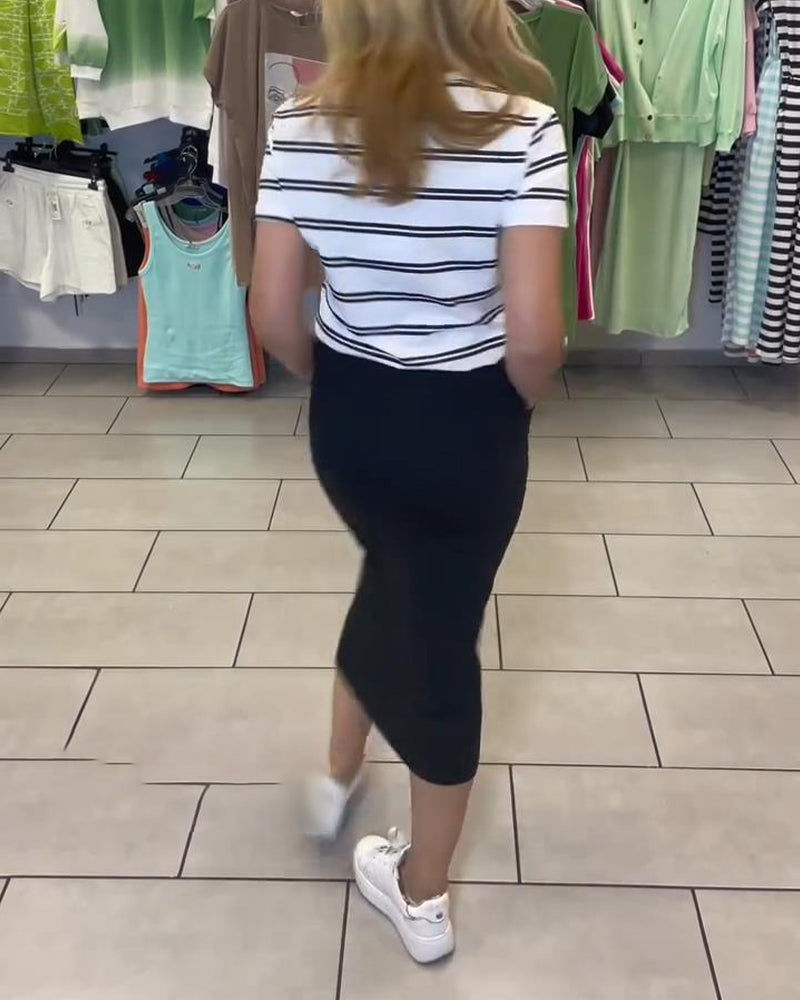 Completo gonna a righe con spacco e scollo tondo