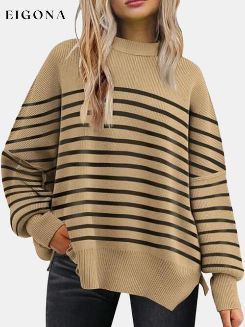 Round Neck Drop Shoulder Slit Sweater Camel clothes R.T.S.C Ship From Overseas Sweater sweaters Sweatshirt