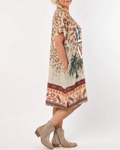 Printed V-neck Loose Fashionable Dress