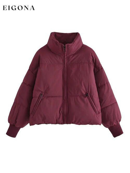Zip Up Drawstring Winter Coat with Pockets Wine clothes K&BZ Ship From Overseas