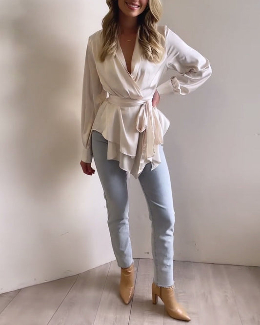 Simple solid color elegant tie blouse 202466 blouses & shirts spring summer