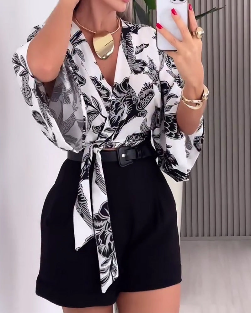 V-Neck Printed Lace-Up Short Blouse