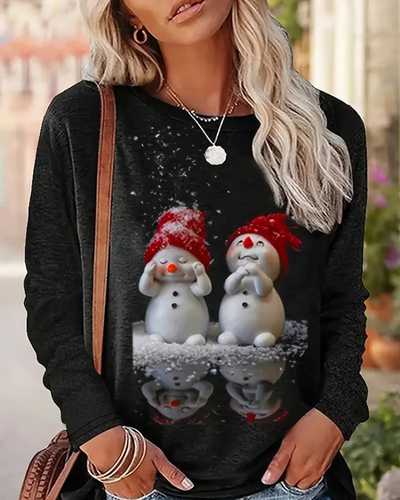 Snowman Print Crew Neck Casual Long Sleeve Top 2024 f/w blouses & shirts christmas