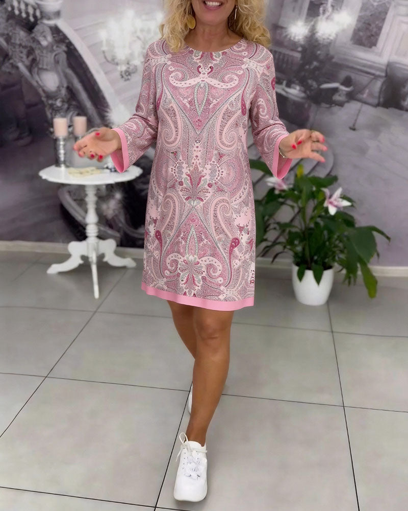Printed Long-Sleeved Straight Dress