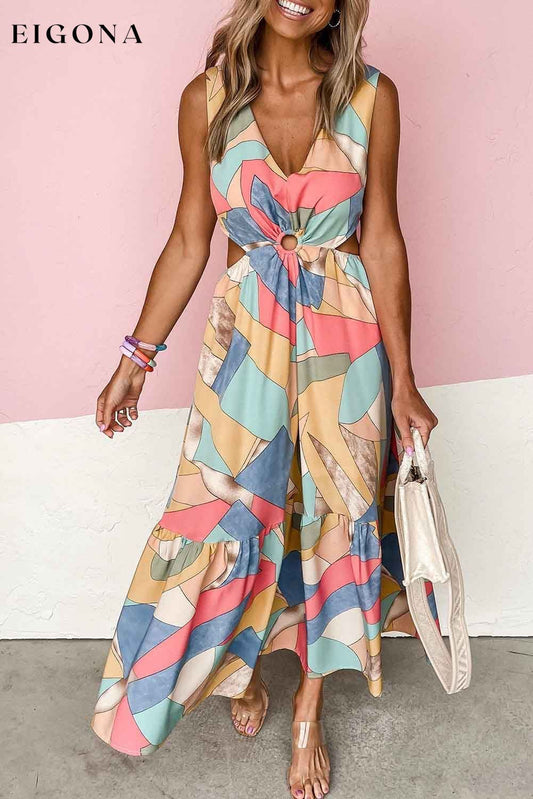 Boho Print O-ring Cut-out Sleeveless Maxi Dress Khaki 95%Polyester+5%Elastane clothes Detail Cut Out Occasion Vacation Print Color Block Season Summer Silhouette A-Line Style Bohemian