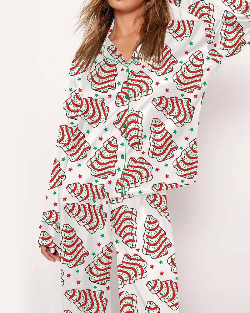 Christmas tree cakes pajama long sleeve buttons lapel set 2024 f/w christmas two-piece sets