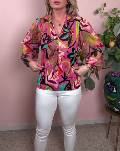 Bunte Bluse mit Laternenärmeln und Stehkragen