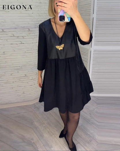 Patchwork V-neck Dress Black 2023 f/w casual dresses Clothes discount Dresses