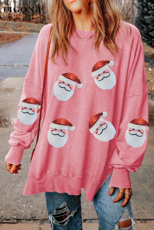 Sequin Santa Round Neck Slit Christmas Sweatshirt Blush Pink Christmas christmas sweater clothes Ship From Overseas sweater sweaters Sweatshirt SYNZ
