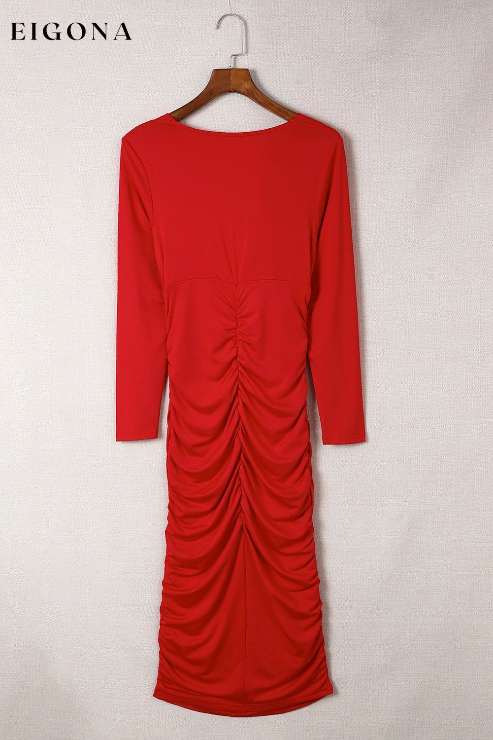 Fiery Red Long Sleeves Wrap V Neck Ruched Sheath Bodycon Dress casual dresses clothes Color Red DL Exclusive dress dresses Evening Dresses Wholesale long sleeve dress long sleeve dresses midi dress Occasion Night Out Season Fall & Autumn Style Elegant Style Feminine