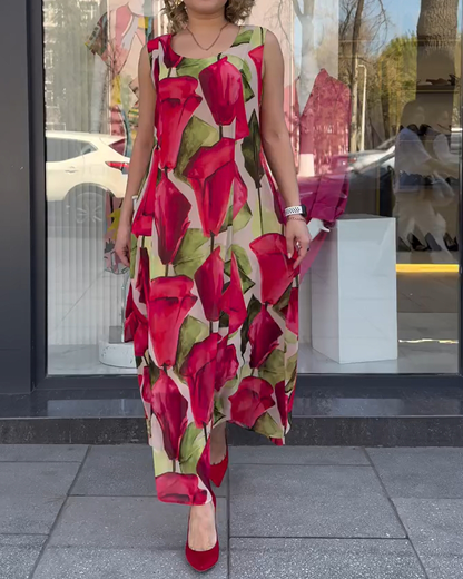 Ärmelloses, bedrucktes Kleid mit U-Ausschnitt