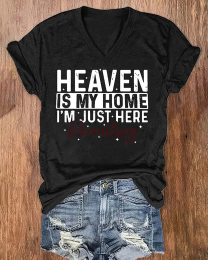 Casual Short Sleeve HEAVEN Print V Neck T-Shirt 2024 f/w faith & slogan spring summer t-shirts