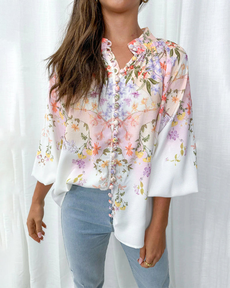 Floral print lantern sleeve button blouse 202466 blouses & shirts spring summer