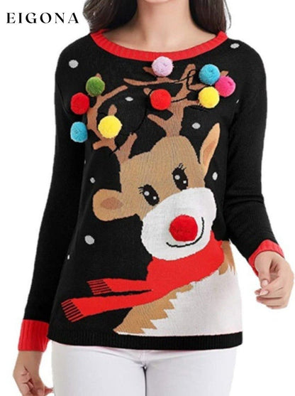 Rudolph Pom-Pom Trim Christmas Sweater Black C.J@MZ christmas sweater clothes Ship From Overseas